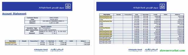 Saudi Arabia Alrajhi Bank account statement Word and PDF template, 2 pages
